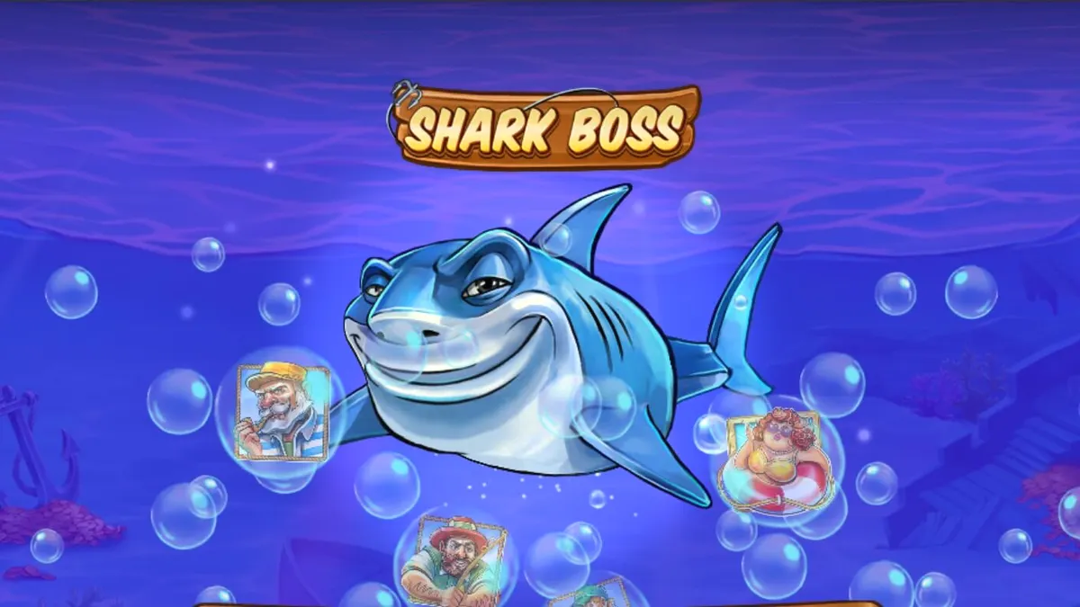 Shark Boss slot game interface na may pating sa bangka